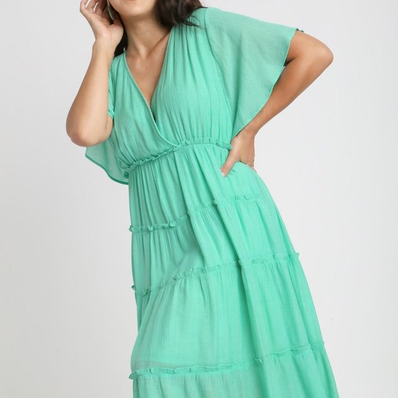 Umgee Women's Smocked Short Sleeve V-Neck Textured Tiered Green Maxi Dress - Picture 4 of 4